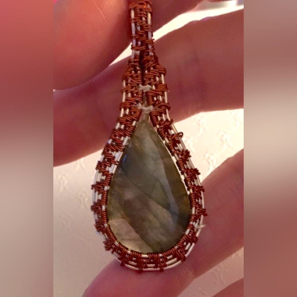 Labradorite Handmade Pendant Woven in Silver and Bronze